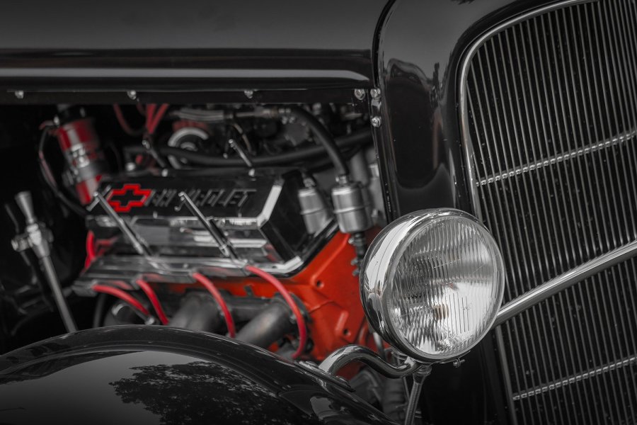 Chevy Engine and Chrome Headlight