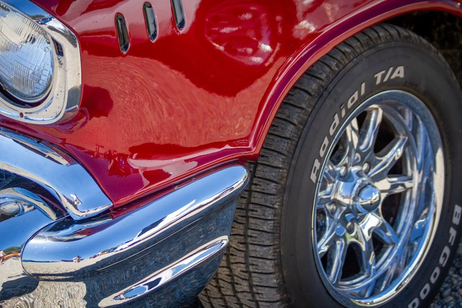Red Classic Chevy Fender and Wheel