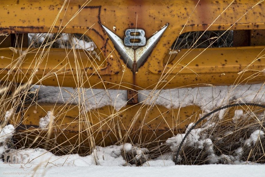 Rusted V8 Grille Emblem in Snow