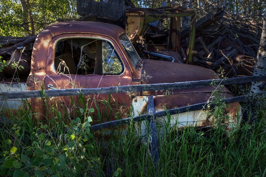 A rusted-out vintage pickup truck cab sits partially hidden in tall green grass and leafy bushes behind a weathered dark wooden fence. The truck's body is covered in a deep orange-brown patina, with some white paint peeling off near the bottom, and a window reflecting a blue sky and green trees.