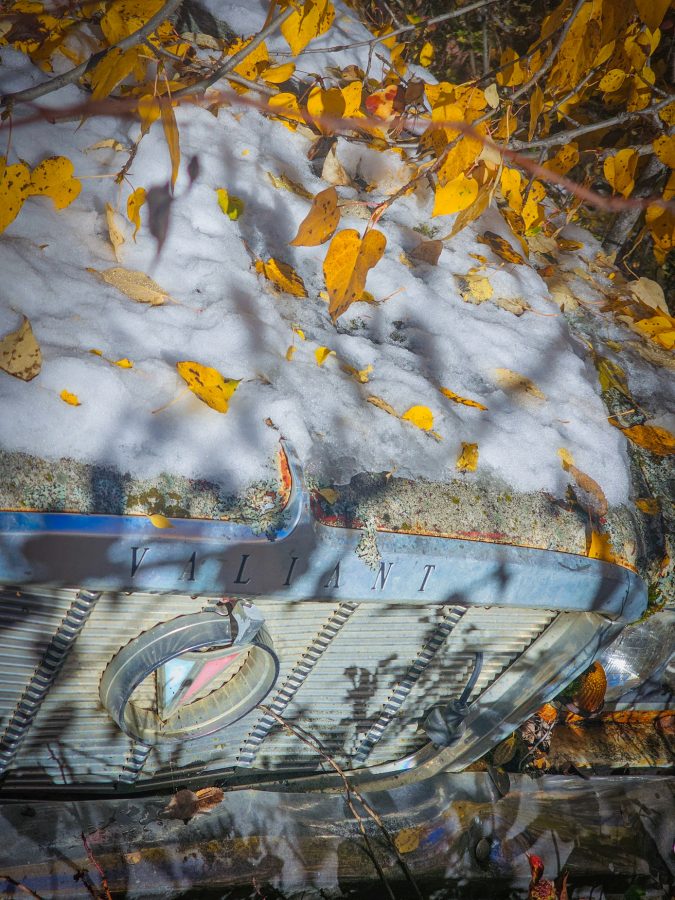 Old Valiant grown in by trees and covered with snow and fall leaves.